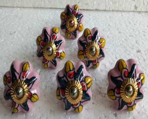 High quality hand painted <b>pink</b> red and yellow pumpkin shape brass fitting fancy ceramic door <b>knob</b> - Product Image 1