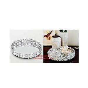 หรูหราที่มีคุณภาพสูงตกแต่งโลหะเงินเงาจบโค้งมนอาหารถาดที่มีการออกแบบลูกปัดคริสตัล - Product Image 1