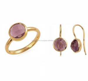 Conjunto de anillo y aretes clásicos de plata de ley 925 con piedra preciosa de amatista natural para boda, compromiso, joyería al por mayor - Product Image 1