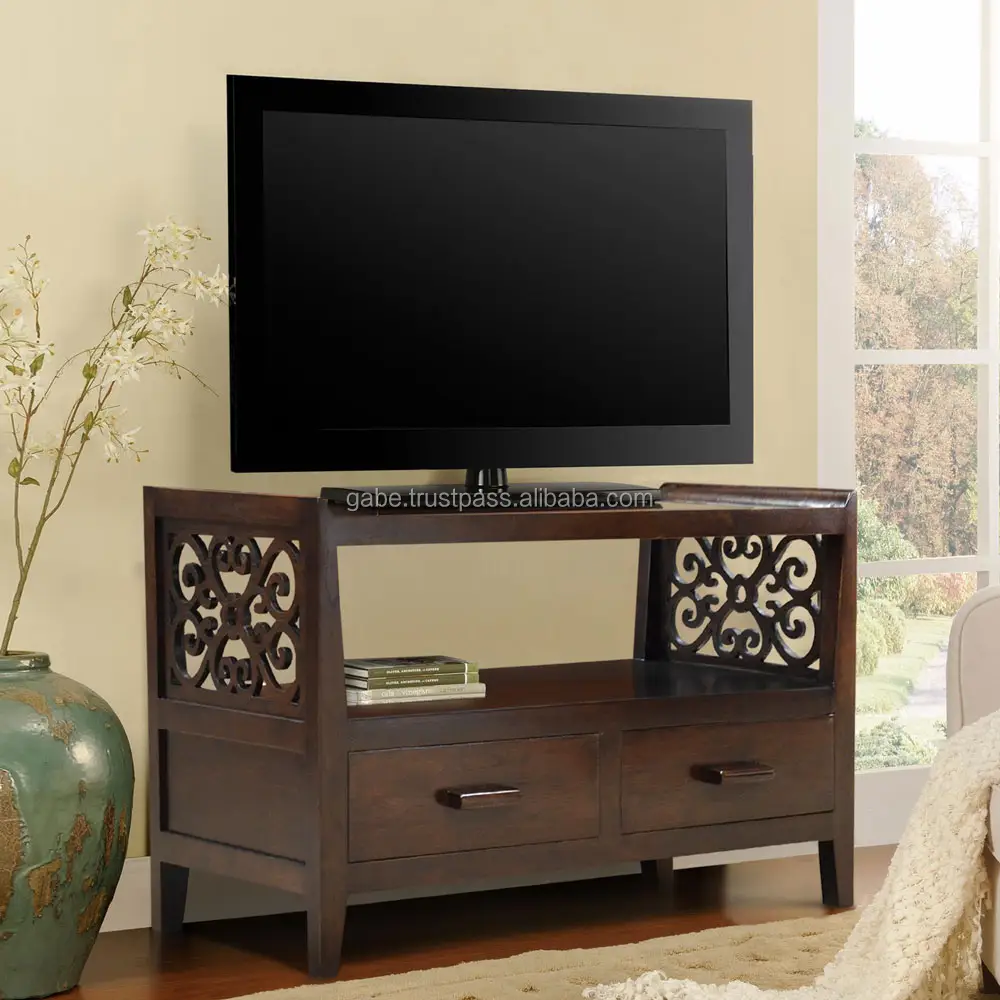 Consola soporte de TV color oscuro madera de teca, soporte de tv sólido de madera de calidad de exportación de Indonesia