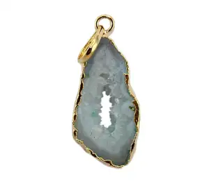 Natural geode agate druzy pendant gold electroplated pendant single bail handmade slice gemstone pendant