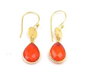 Carnelian Chalcedony Gemstone Pear Shape Faceted Brass Gold Plated Fashion Jewelry Gift for Her-Hoop <b>Earring</b> - Product Image 1