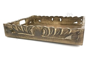 Bandeja de madera tallada a mano con textura marrón, diseño antideslizante para bares y hoteles, elegante bandeja de talla hecha a mano, duradera - Product Image 2
