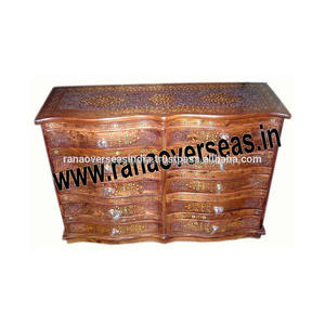 Coffre classique en bois sculpté de dix tiroirs avec travail d'incrustation en laiton pour le salon de chambre à coucher - Product Image 3