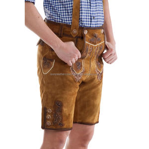 ISONZ - Atractivas Lederhosen Tradicionales Alemanas/Austríacas en Color Marrón Dorado con Tirantes y Cinturón, Acabado Vintage - Product Image 1