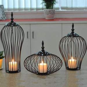 Candelabro con forma geométrica para decoración del hogar, farol de hierro negro, decoración moderna - Product Image 1