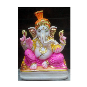 Estatua de Lord Ganesh Ji Hecha a Mano en Mármol Blanco en Posición Sentada con un Diseño Único y Atractivo Multicolor de Ganesh Ji - Product Image 1