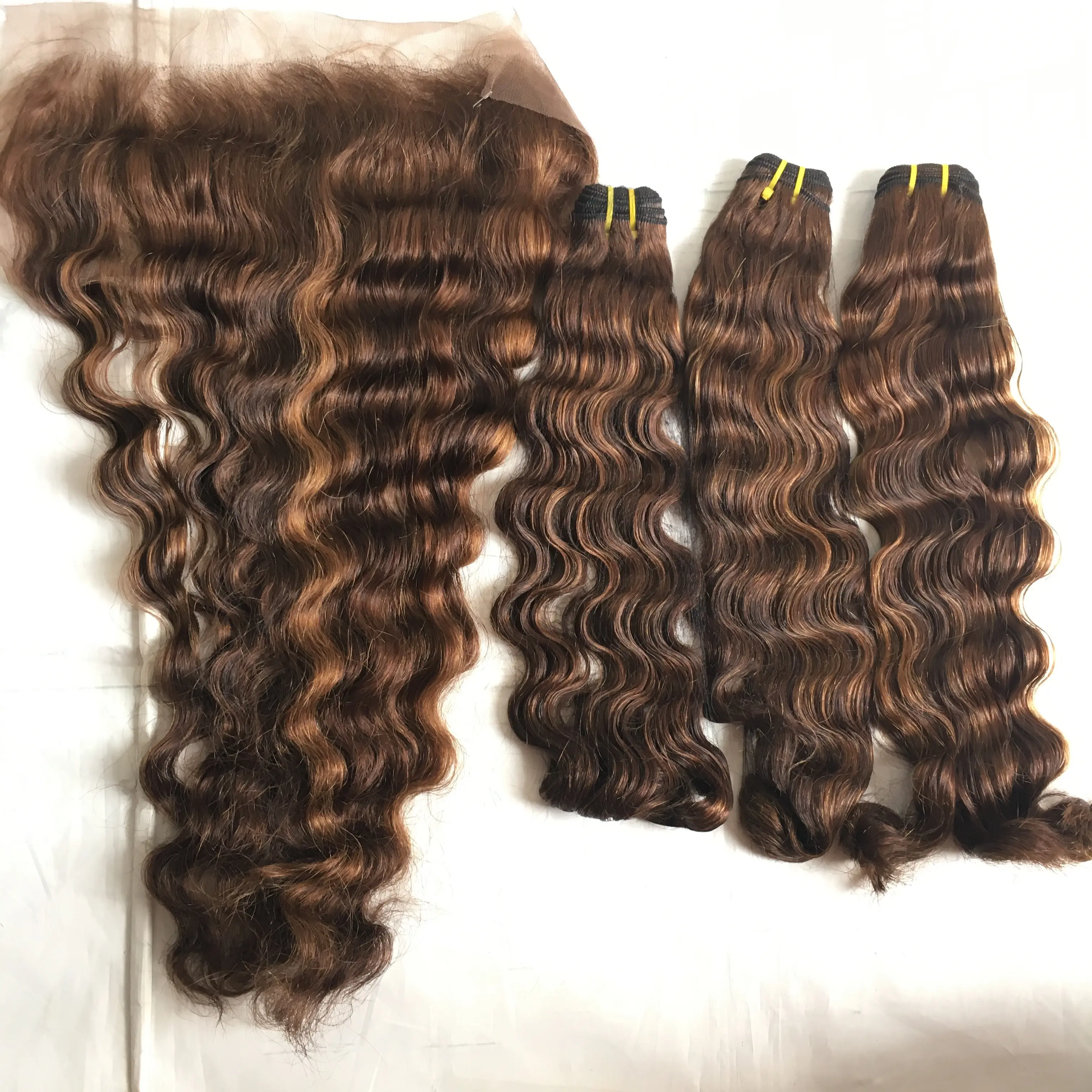 Venta caliente paquete con cierre disponible océano ondulado resaltar marrón cabello Remy 100 cabello humano que teje paquetes de la onda profunda