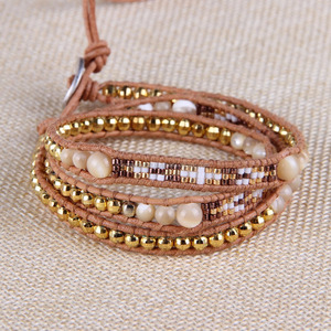Beautifully Handmade Wrap <b>Bracelet</b> Gold Seed Beads On <b>Leather</b> Fashion Bangle Chain - Product Image 1