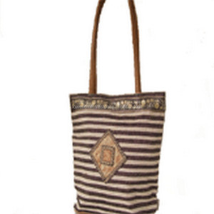 Lowellcraft JUTE STRIPED SHOPPING <b>BAG</b> with ZARI BORDER and ROPE HANDLE (MEDIUM) - Product Image 3