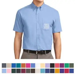 Chemise à manches courtes pour hommes, en poly 55/45 coton, facile à entretenir, avec un bracelet de cou contrasté, avec poche, livré avec votre logo