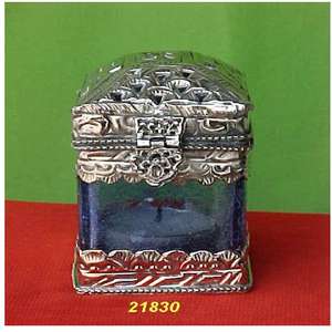 Pot à bougies en laiton gaufré argenté et verre bleu - Product Image 1