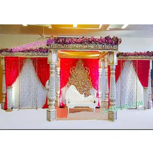 Marvelous Fiber Carved Wedding Mandap Wedding Six Pillars Golden Pagoda Set New Design Wedding Mandaps Decorations