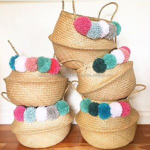 Natural Vietnam Hand Woven Colorful Pompom <b>Belly</b> Seagrass <b>Basket</b> - Product Image 1