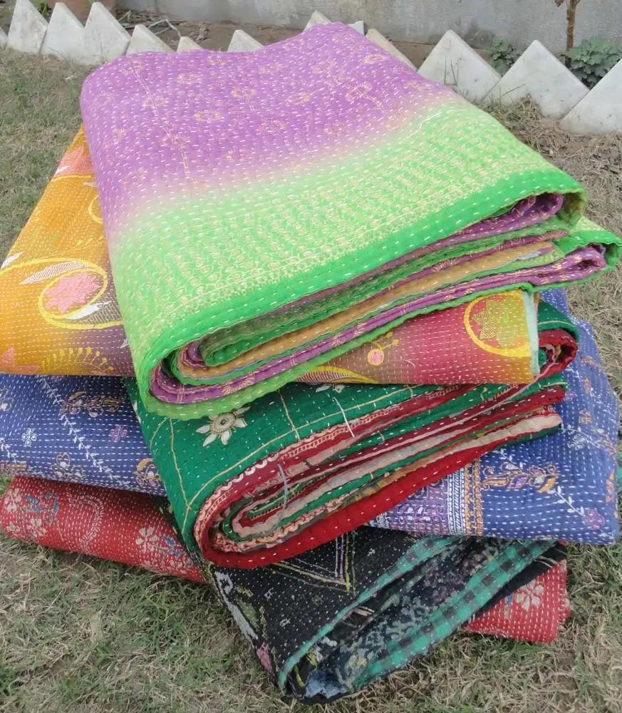 التصحيح العمل Kantha لحاف اليد التي قدمت ساري بطانية المفرش التصحيح القطن ساري رمي التوأم Kantha Kantha خمر الهندي ساري النسيج