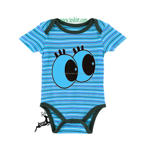 Lindo pelele azul a rayas para bebé con estampado de ojos de dibujos animados, manga corta, de algodón transpirable, con cierre de botones a presión para bebés, primavera - Product Image 6