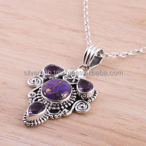 Colgante de plata de primera ley con gema turquesa para mujer, joya, plata esterlina 925, color morado, estilo bohemio - Product Image 2
