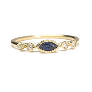 Anel de ouro pulseira azul de safira, feito à mão, sólido 14k, amarelo, genuíno, azul, anel de diamante empilhável, fornecedor de joias de ouro