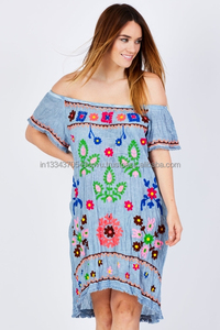 Vente en gros 100% véritable été coton femmes robe courte tunique prix usine épaule Suzani brodé haut-bas grande taille - Product Image 6