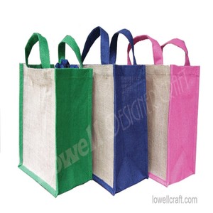 jute Fabric Shopping <b>Bag</b> <b>Medium</b> <b>Size</b> Top Handle Grocery Tote Green Blue Pink Colors - Product Image 3