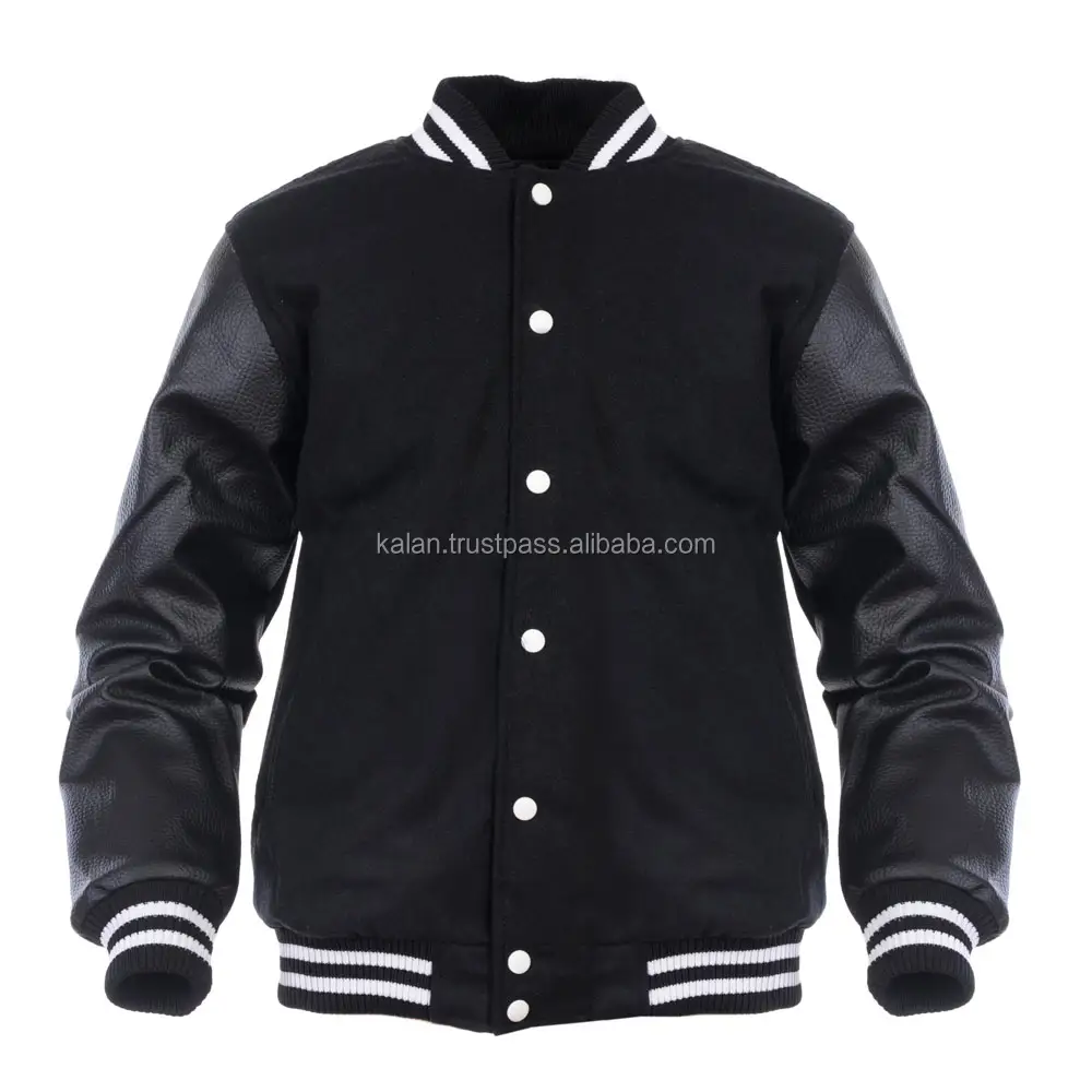 Wholesale plain men or women custom black baseball Letterman KVJ01 varsity jacket with leather sleeves