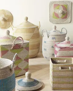 Alta qualidade ervas marinhas cesta com tampas armazenamento palha de vime lavanderia cestas dificultar para roupas uso doméstico doméstico