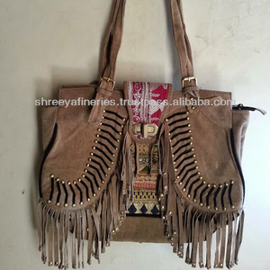 Vintage India artesanía Banjara tela bolso de hombro con gamuza y flecos Forro de algodón de moda - Product Image 1
