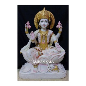 Diosa India mármol blanco hermosa escultura Laxmi Mata con elefante para el hogar y el templo decorativo sentado en la estatua de loto - Product Image 1