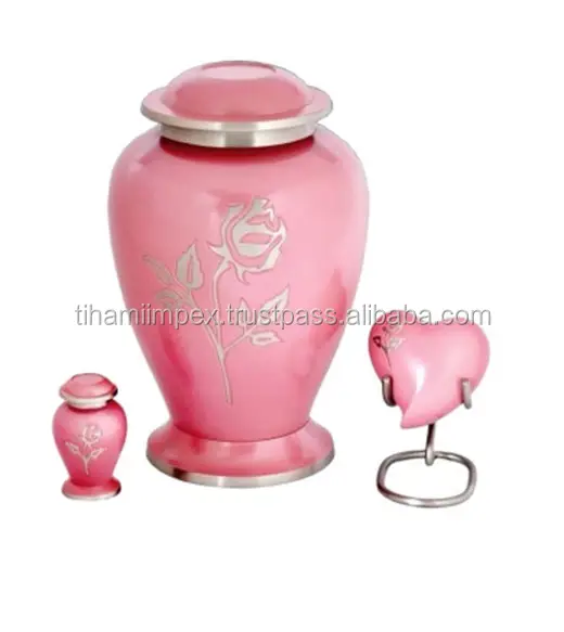 Enamel Finished Cremation Adult Burial Urn for Human Ashes and Funeral Pink Color Brass Cremation Urns with Heart and Keepsakes