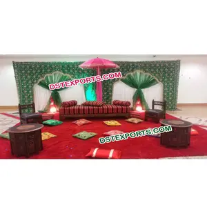 Muslim Wedding Stage Backdrop New Design Green Temple Style Backdrop Curtain Arch Type Heavy Golden Embroidery Bcakdrop