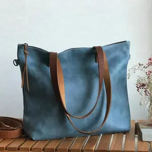 Büyük mavi deri fermuarlı çanta ve iç astar, el yapımı Minimalist deri çanta AV-0009