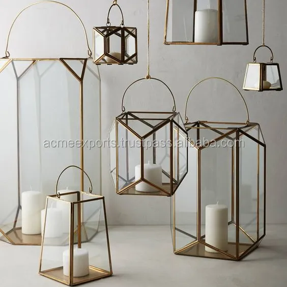 Brass Clear Glass Hanging Window Pane Lanterns