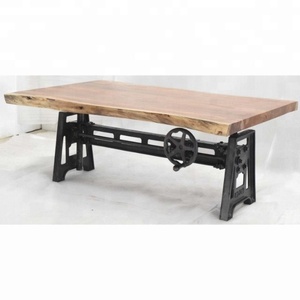 Table basse industrielle rétro réglable à manivelle mécanique lourde avec plateau en bois d'acacia à bord vivant - Product Image 3