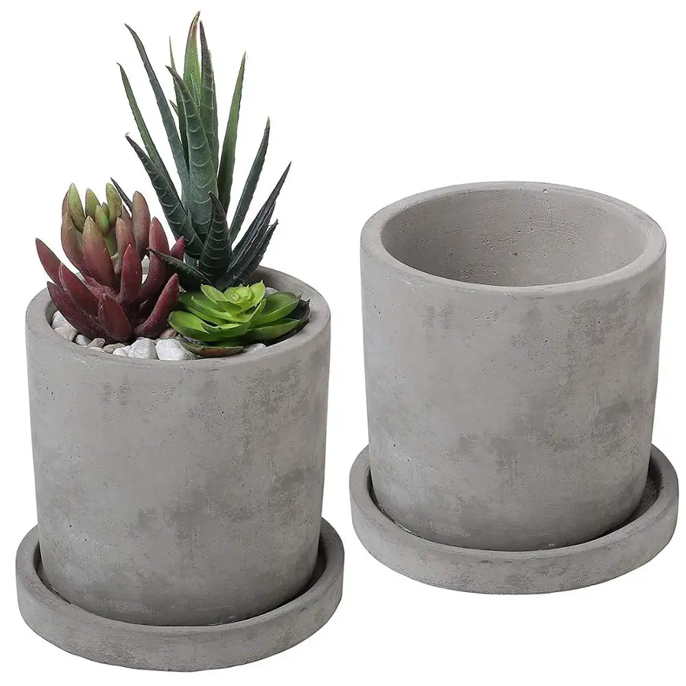 Set of 2 Modern 4-Inch Gray Unglazed Cement Succulent Planter Pots with Removable Saucer