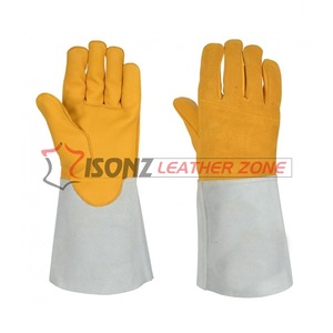 Gants de soudage TIG en cuir de vachette jaune personnalisés, à manchette droite, épaisseur 1,2 mm, 14 pouces, pour soudeur à l'argon, grillades et four - Product Image 1