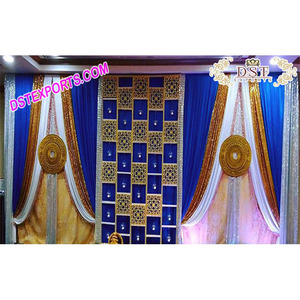 Cortinas de fondo de escenario para boda, Fondo de terciopelo azul real para escenario, con mandalas indias - Product Image 1