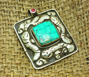 Mobile Style tibétain Vintage, pierres précieuses turquoises naturelles, bijoux pendentifs anciens faits à la main nepla - Product Image 2