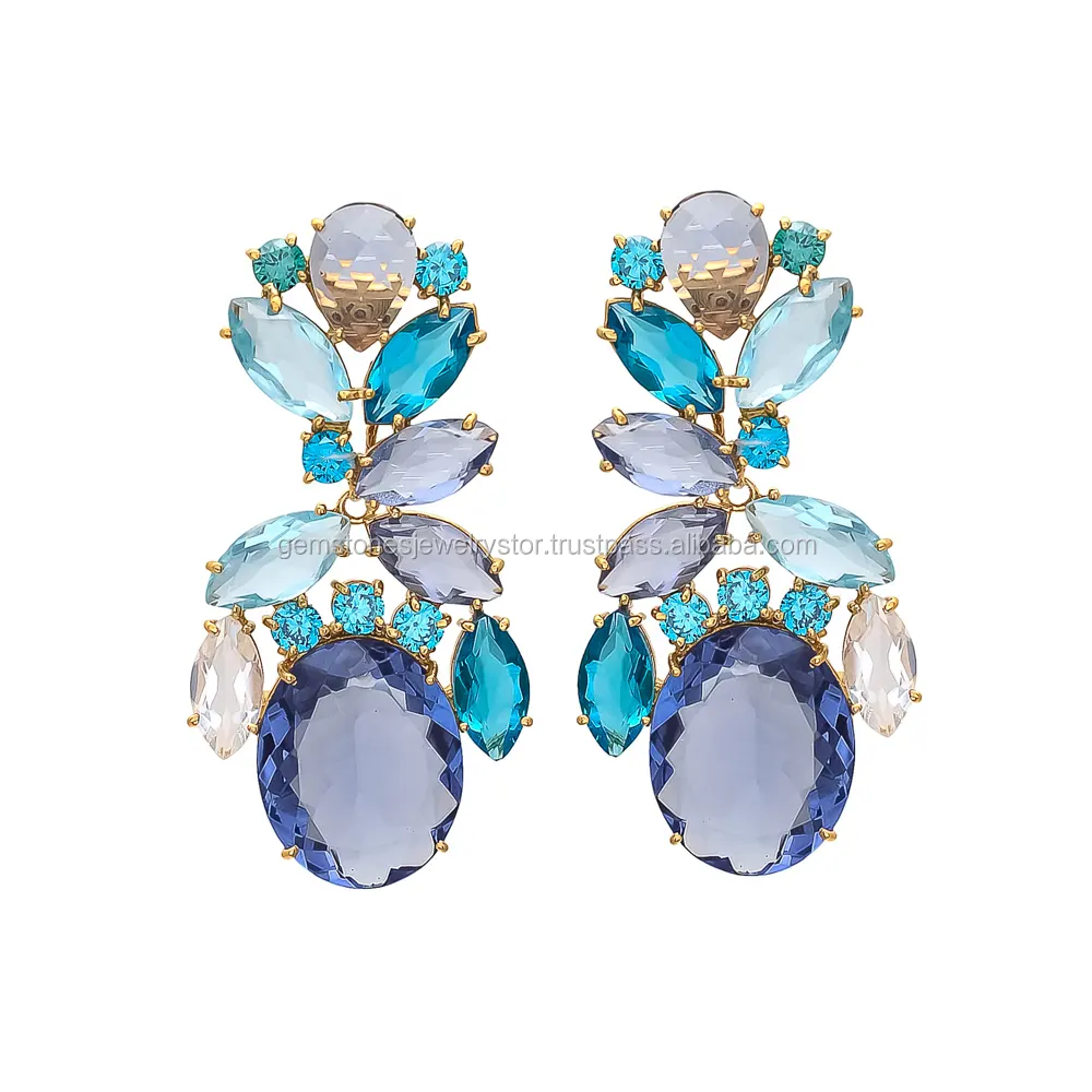 Anting-Anting Multi Batu Permata Modis Indah Buatan Tangan Berlapis Emas Anting-Anting Menarik