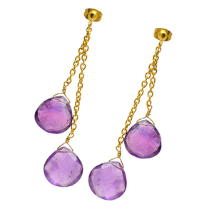 925 Sterling Silver Amethyst Gemstone Gold Plated Hanging Stud Chain <b>Earrings</b> Romantic Fashionable <b>Earring</b> for Women. - Product Image 2