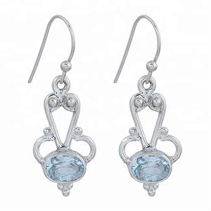 Faceted Oval Cut <b>Blue</b> <b>Topaz</b> Gemstone 925 Sterling Silver Ear Wire Dangle <b>Earrings</b> Fashionable <b>Earring</b> For Wedding Gift Parties. - Product Image 1