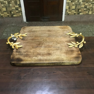 Plateau de service en bois fait à la main, avec poignée en métal, décoration intérieure, - Product Image 1