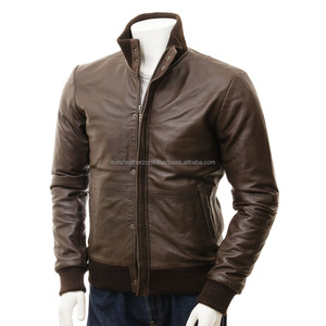 Chaqueta de bombardero de cuero de piel de oveja marrón cálida con estilo Unisex para invierno de talla grande transpirable Método de tejido de ganchillo para hombres y mujeres - Product Image 1