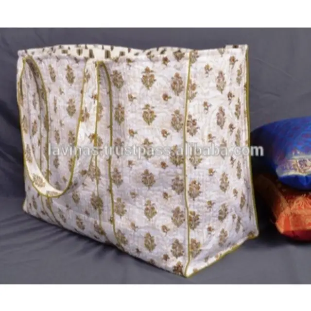 Bolsa acolchada de algodón para la playa, bolsa de transporte Reversible de diseño con estampado Floral hecho a mano