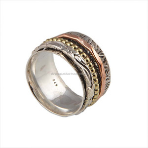 Wholesale Shree Jaipur Silver Women's Classic 925 Sterling Silver Three Tone <b>Spinner</b> <b>Ring</b> Floral Engraved Beaded Brass Copper - Product Image 1