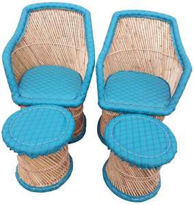 Modern Factory Outdoor Furniture Design Leisure Leather Bamboo Chair Stacking <b>Garden</b> Chair With Ottoman Foot Rest Stool of 2+2 - Product Image 4