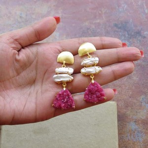 Rose Druzy Déclaration Pierres Précieuses Blanc Perle Boucles D'oreilles - Product Image 2