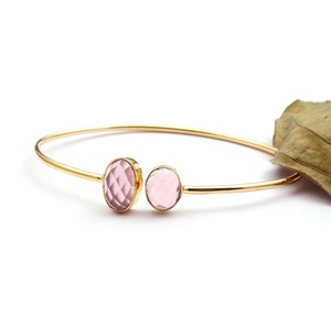 Pulsera ajustable de piedra preciosa de Calcedonia rosa, brazalete chapado en oro, precio al por mayor, joyería - Product Image 2