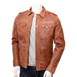 Chemise en cuir veste de Baseball chemise personnalisée en cuir véritable chemises hommes Tan - Product Image 2