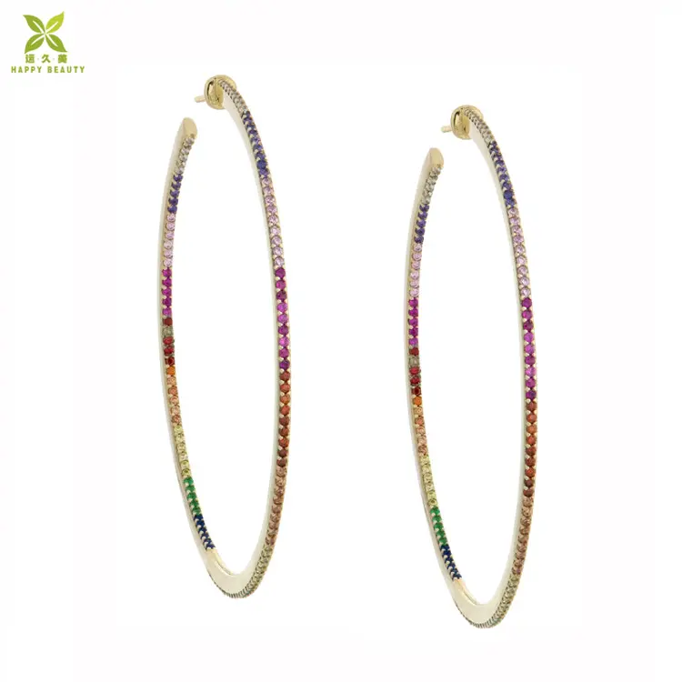 De moda, pendientes de aro grandes 925 zirconia cúbica de plata esterlina arco iris pendientes de aro