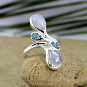 แหวนเงินแท้ 925 ประดับมูนสโตนและบลูโทแพซ ดีไซน์คลื่น งานแฮนด์เมด สไตล์โบฮีเมียน สำหรับผู้หญิง ผู้จำหน่ายเครื่องประดับเงินแฟชั่น - Product Image 2